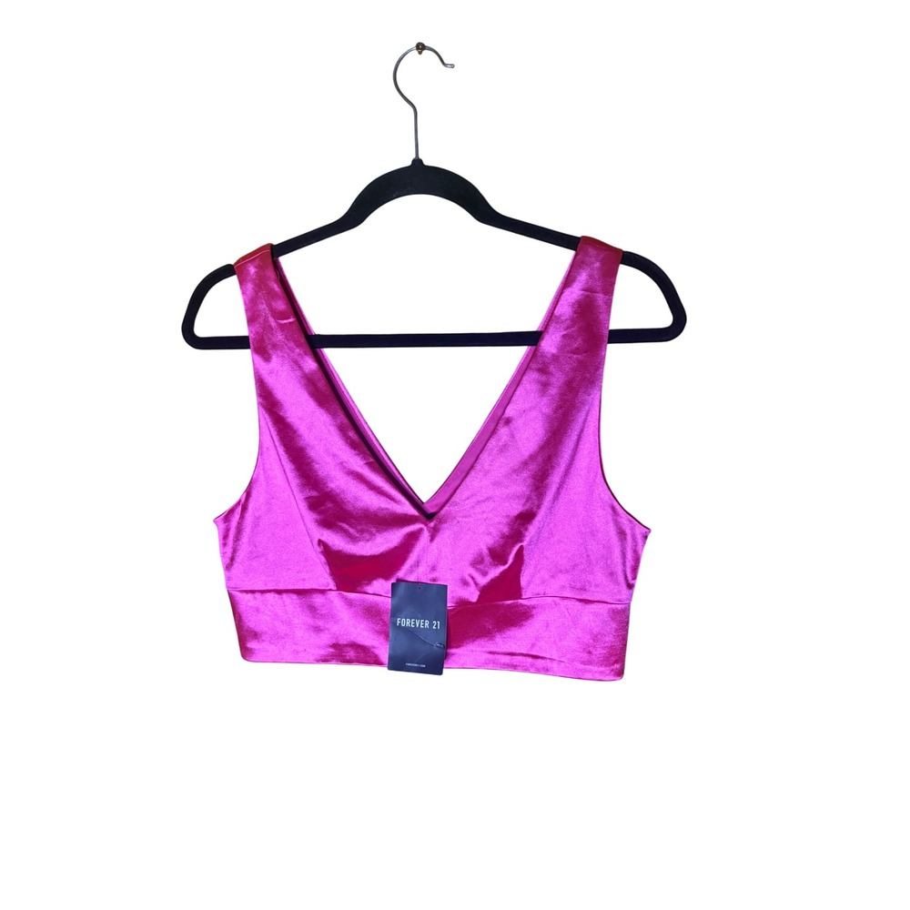 Forever 21 Hot Pink Satin V-Neck Crop Top Side Zip Sleeveless Party Top L